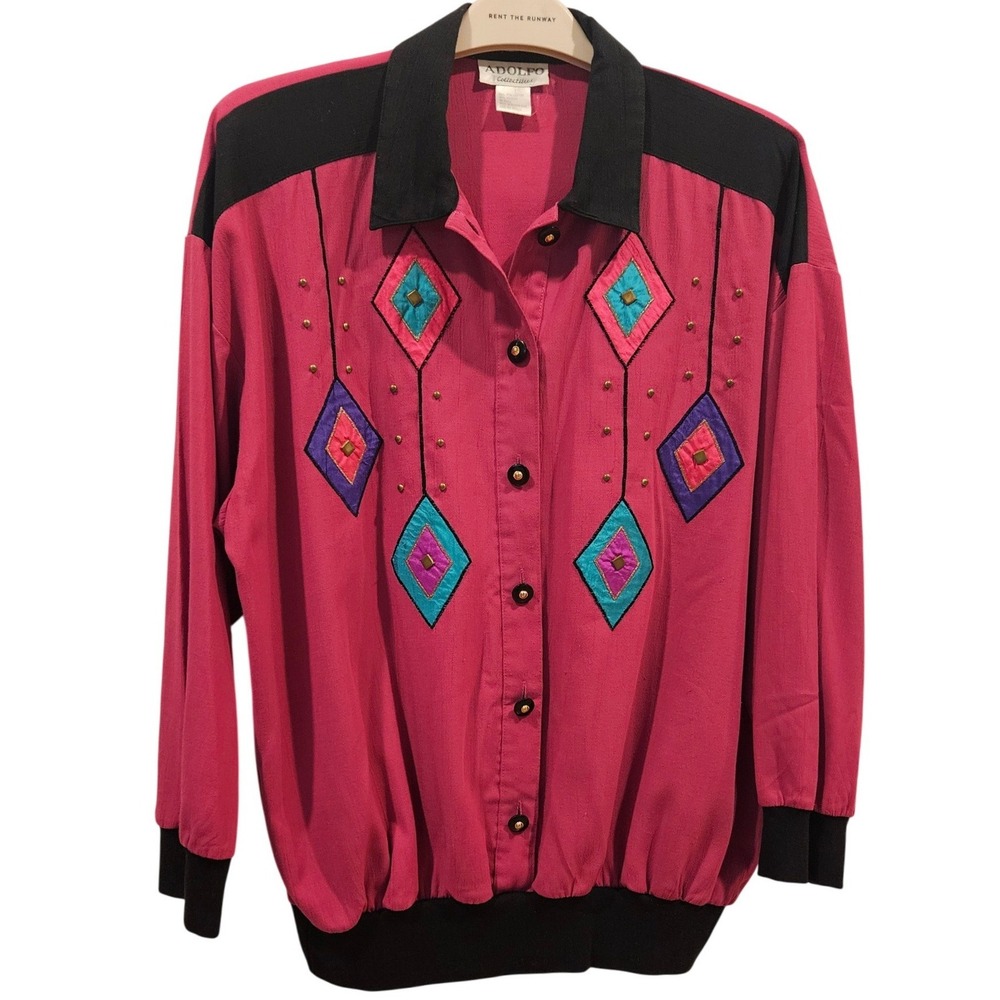 ADOLFO Vintage Pink Black Geometric Fresh Prince Y2K Button Down Art to Wear L